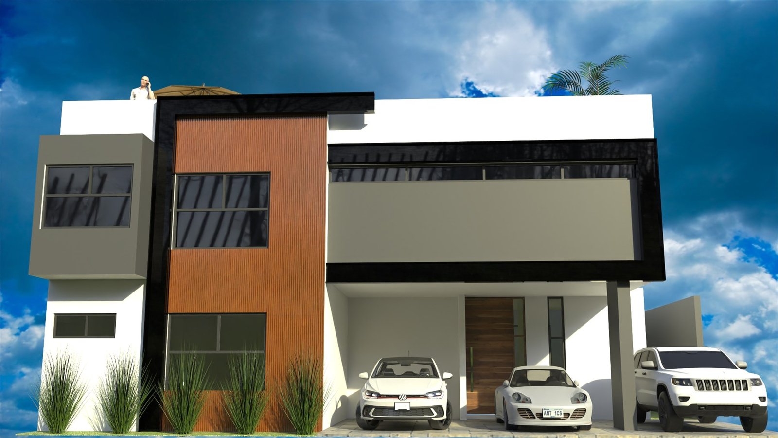 Render exterior fotorrealista, fachada principal de día