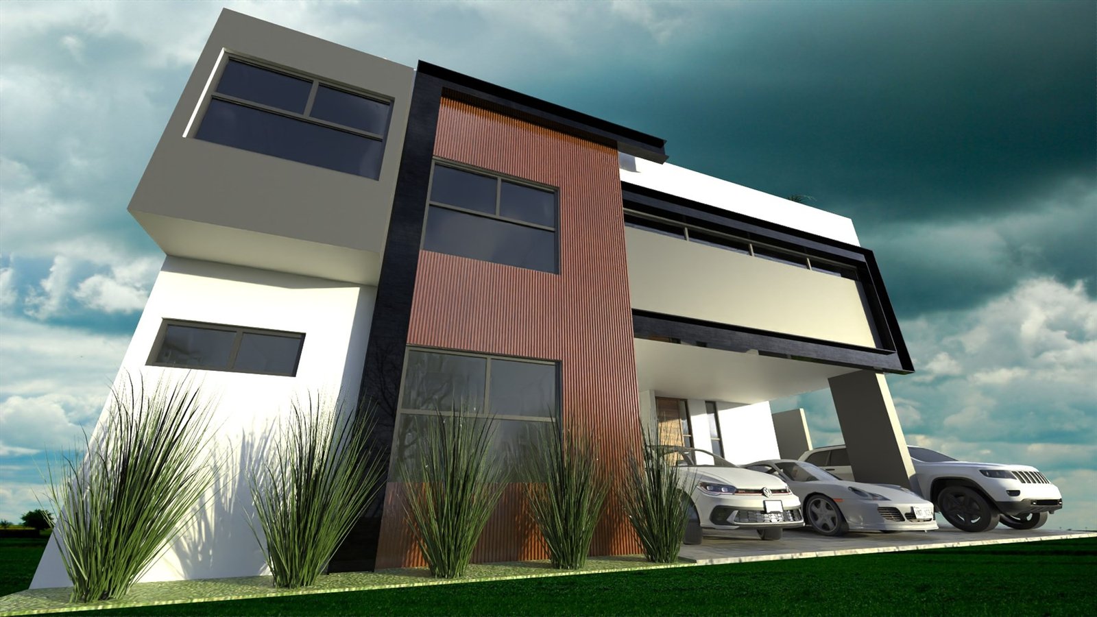 Render exterior fotorrealista, vista de acceso y cochera