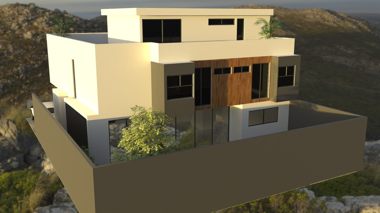 Render exterior fotorrealista, vista posterior