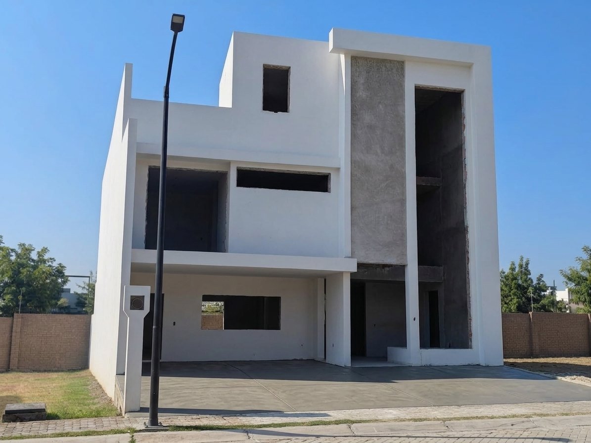 Fachada terminada en obra gris, con detalle en cantera