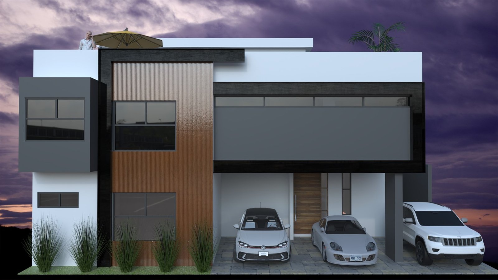 Render exterior fotorrealista, fachada principal al atardecer