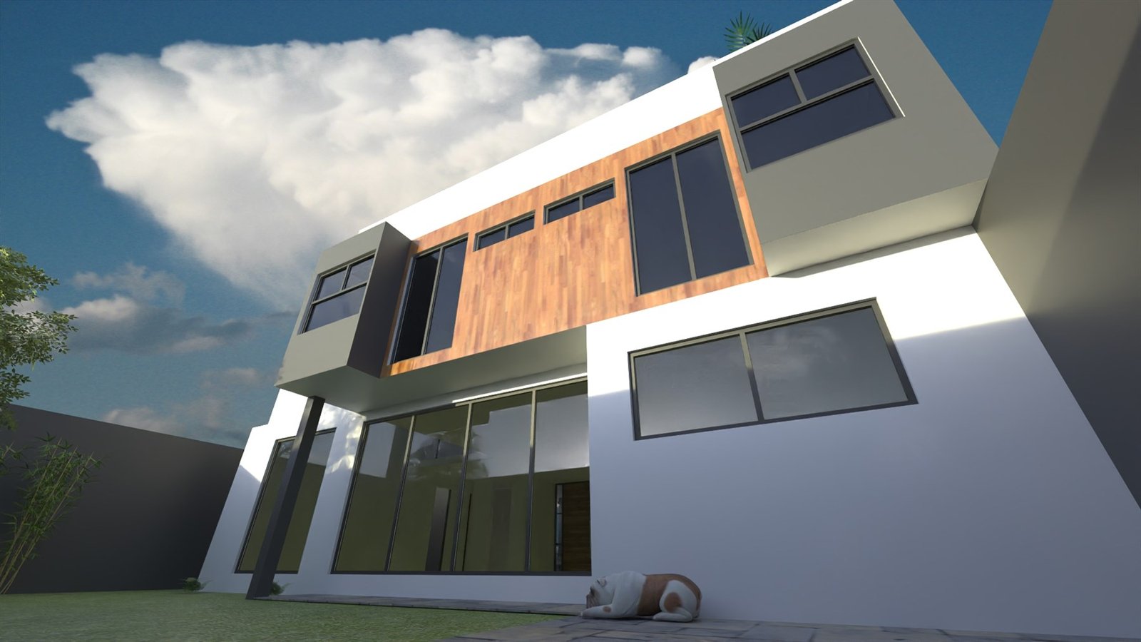 Render exterior fotorrealista, vista angular con cielo nublado