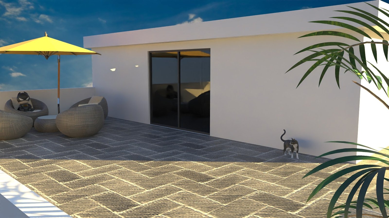 Render exterior fotorrealista, terraza de roof garden